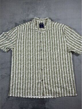 Trust Mens XL Green White Linen Blend Short Sleeve Camp Collar Button Down Shirt